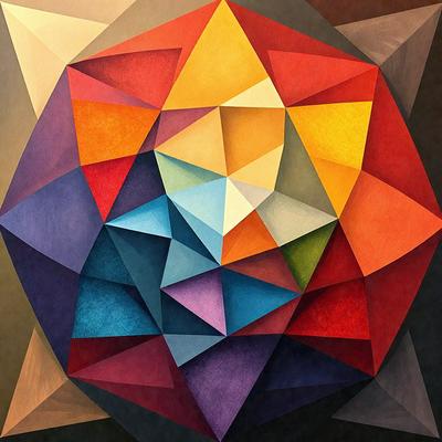 The primary subject of the image is a large, colorful, geometric artwork. The artwork features a combination of blue, purple, yellow, and red colors, creating a vibrant and lively atmosphere. The setting is a black background, which contrasts with the artwork and draws attention to the colors and patterns. The visual style of the image is a mix of digital art and illustration, showcasing the artist's creativity and skill in designing intricate geometric patterns.